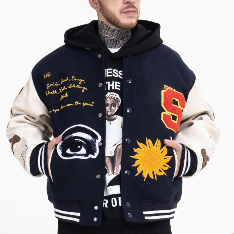 Winter Logo Oversize Chenille Embroidery Thick Coats Sleeve Leather Baseball Letterman College for Men – Jackets for Men and Letterman Chenille Embroidery Coats price