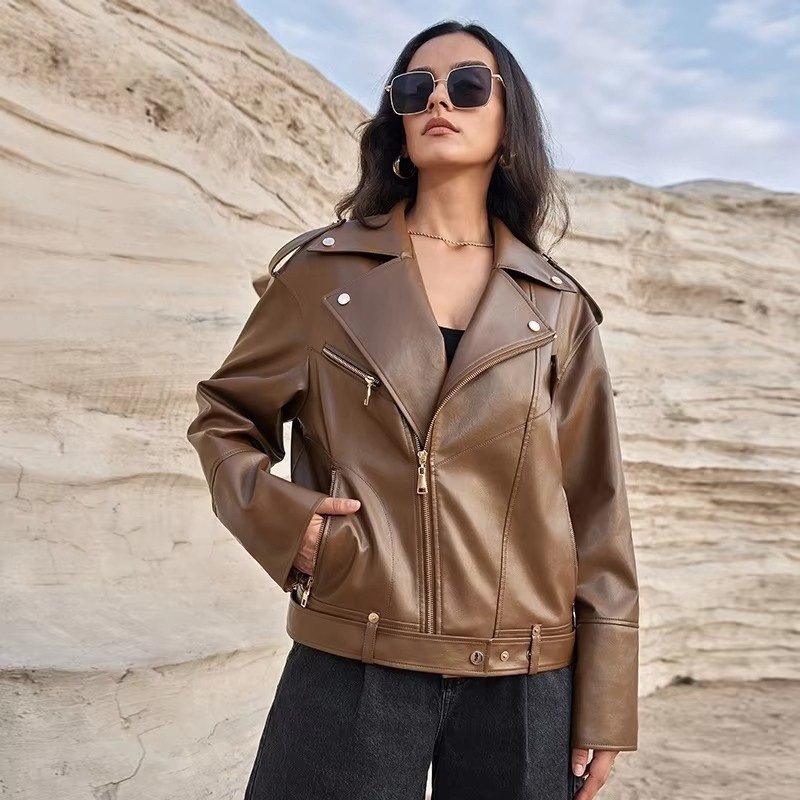 Classic Brown Leather Short Jacket American Retro Motorcycle Leather Jacket Ladies Winter Jackets – Classic Brown and Brown Leather price