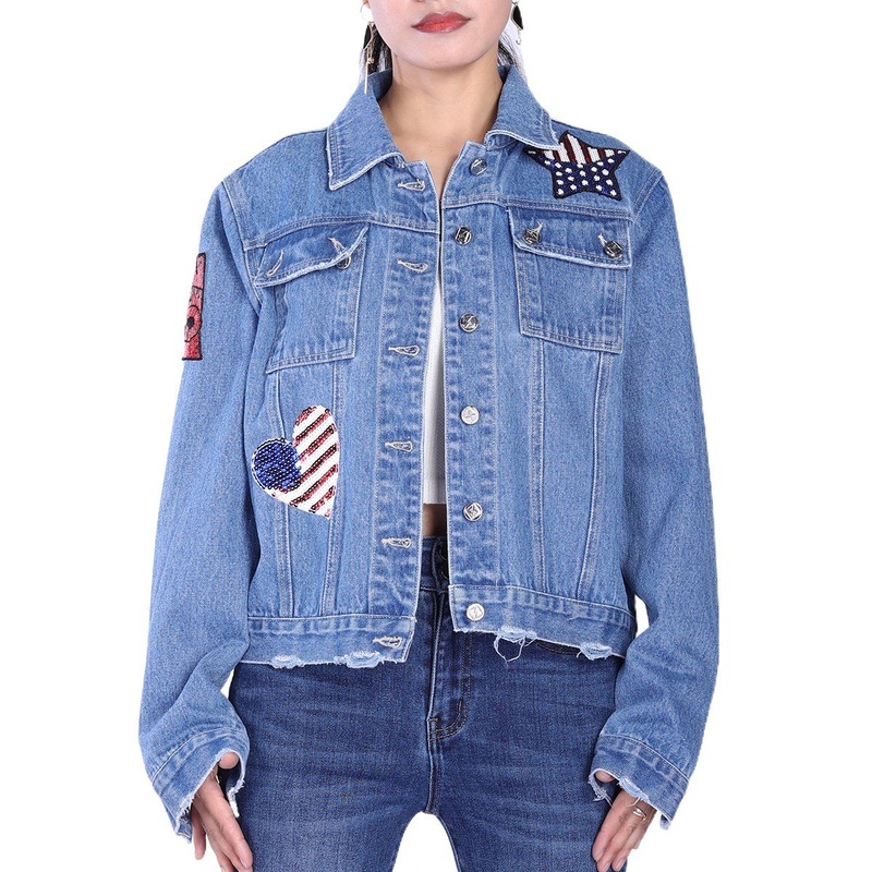 Custom Shining Embroidery Patckwork Oversized Cargo Pocket Women Denim Jackets – Embroidery Patckwork Denim Jacket and Women Denim Jacket price