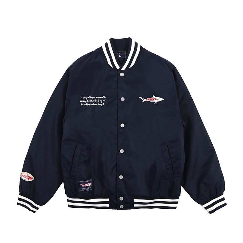 Mens Jacket Street Baseball Uniform 100% Polyester Mens Tide Shark Letter Embroidered Couple Casual Jacket – Couple Jacket and Jackets for Women 2023 price
