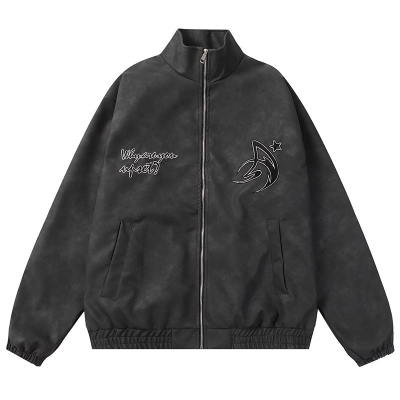 Oversize Antique Washed Embroidered PU Faux Leather Jacket with Metal Zipper at Front – PU Jacket and Pink PU Leather Jacket price