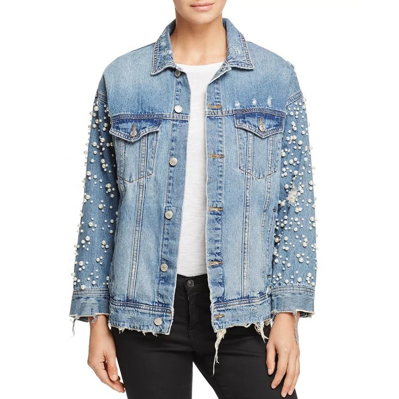 Wholesale OEM Womens Short Denim Jacket Pearl-Embellished, Distressed Hem, High-Quality Customizable Denim Outerwear – Customized Jacket and Womens Jacket price