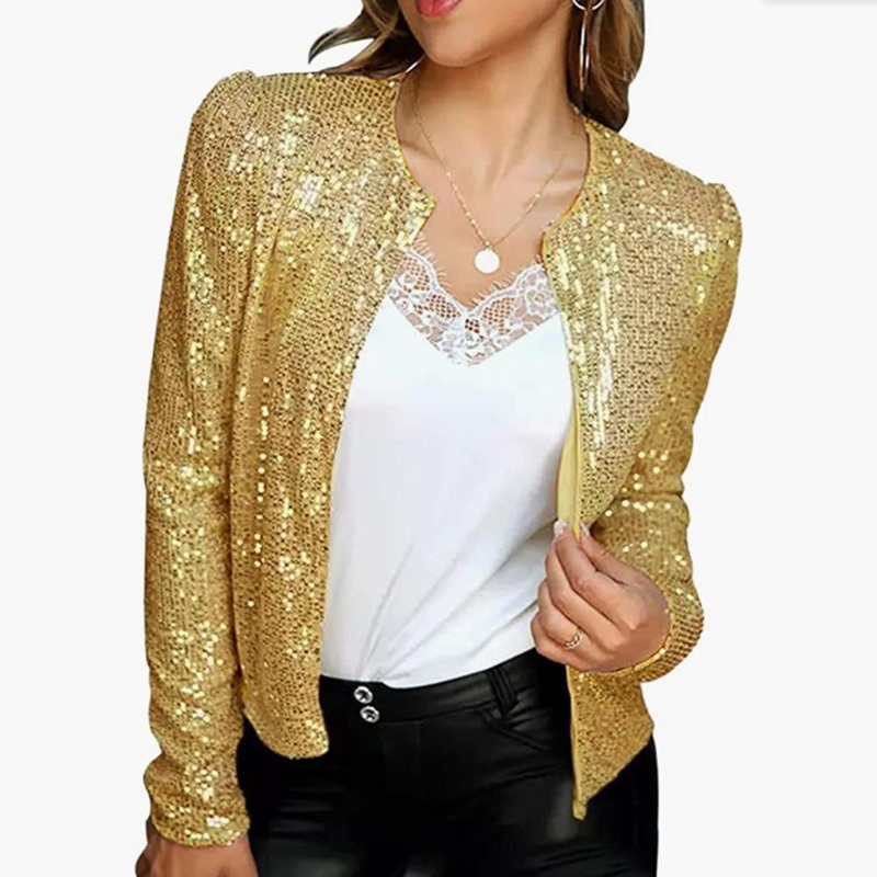 Women Casual Open Front Long Puff Sleeve Sequin Glitter Jacket – Fashion Sequin Jacket and Sequin Short Coat price