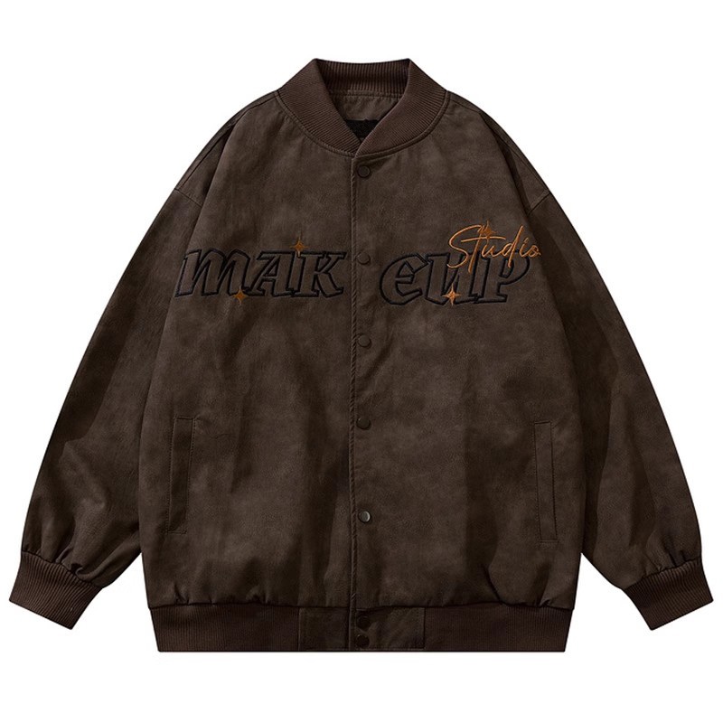American Style Vintage Pilot PU Leather Snap Jacket with Embroidery Base Ball Bomber Jacket – Casual Jacket and Embroidery PU Jacket for Men price