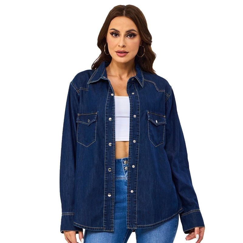 Custom Plus Size Blue Denim Pocket Outerwear Collar Down Long Sleeve Women Jacket – Women Jacket and Denim Jacket price