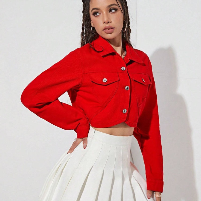 Womens Red Cropped Denim Jacket with Button Front and Flap Pockets – Customized Jacket and Womens Jacket price