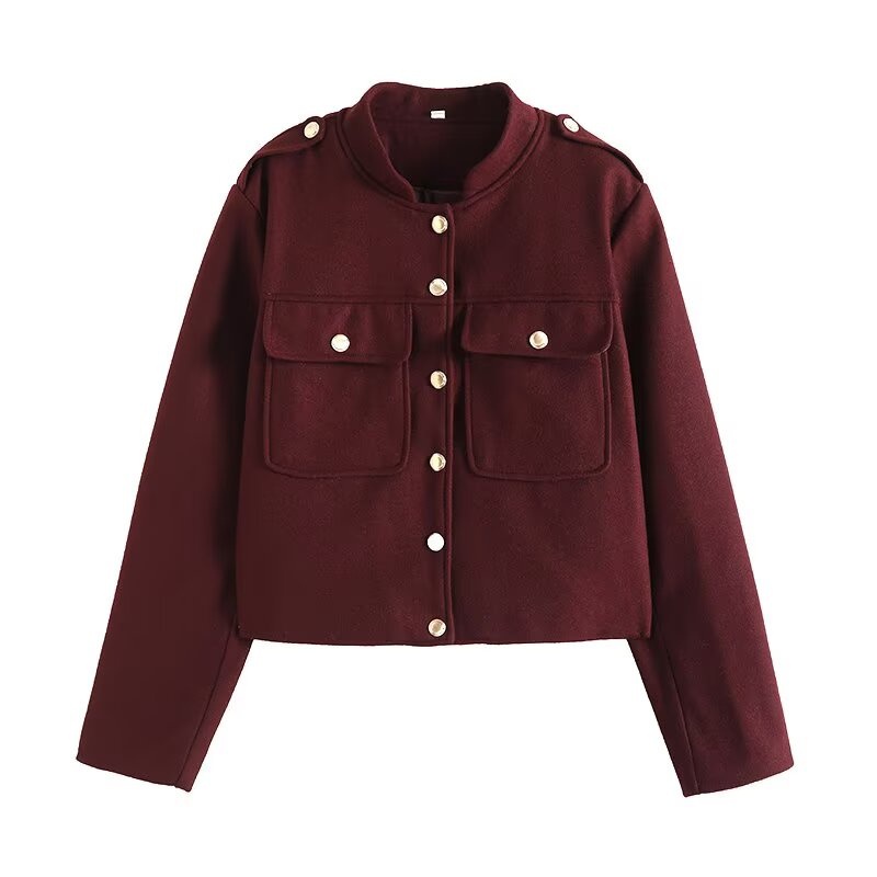 Za Womens Clothing Pocket Short Versatile Stand Collar Womens Jacket Long Sleeved – Stand Collar Womens Jacket and Button-up Womens Jacket price