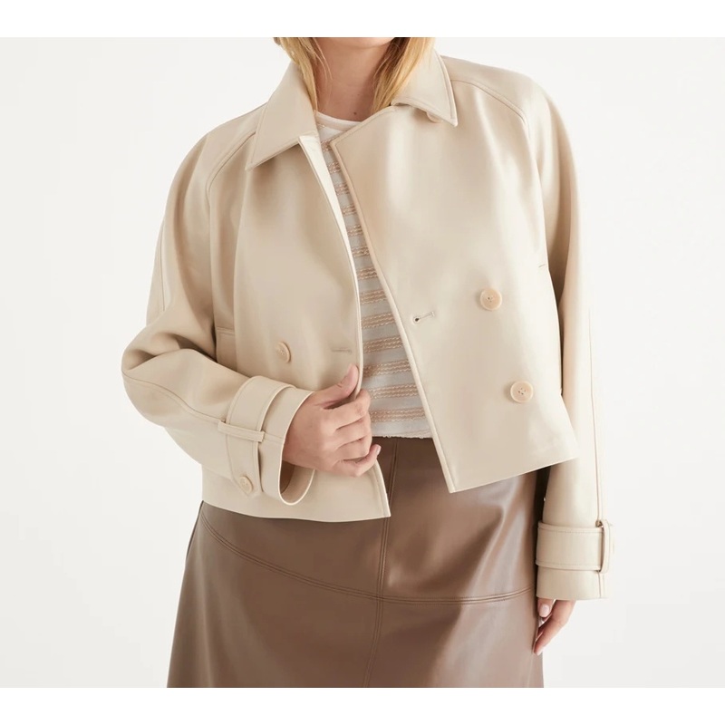 Cropped Double-Breasted Button-up Cream Faux Leather PU Trench Jacket – Outdoor and Jacket price
