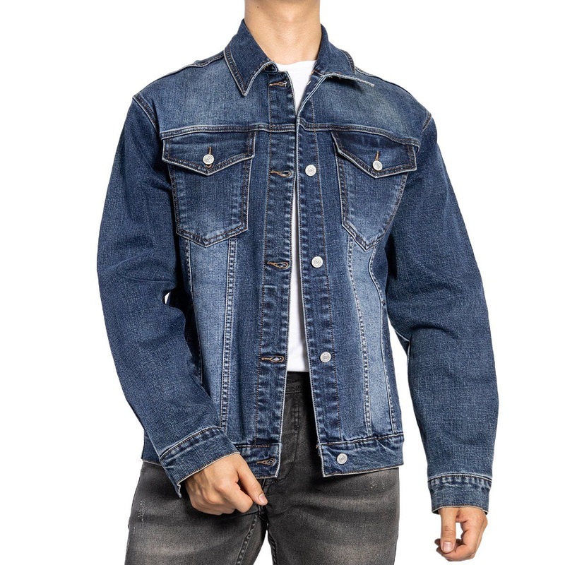 Custom Vintage Medium Blue Washed Collar Down Long Sleeve Denim Jacket for Men – Denim Jacket and Jackets for Men price