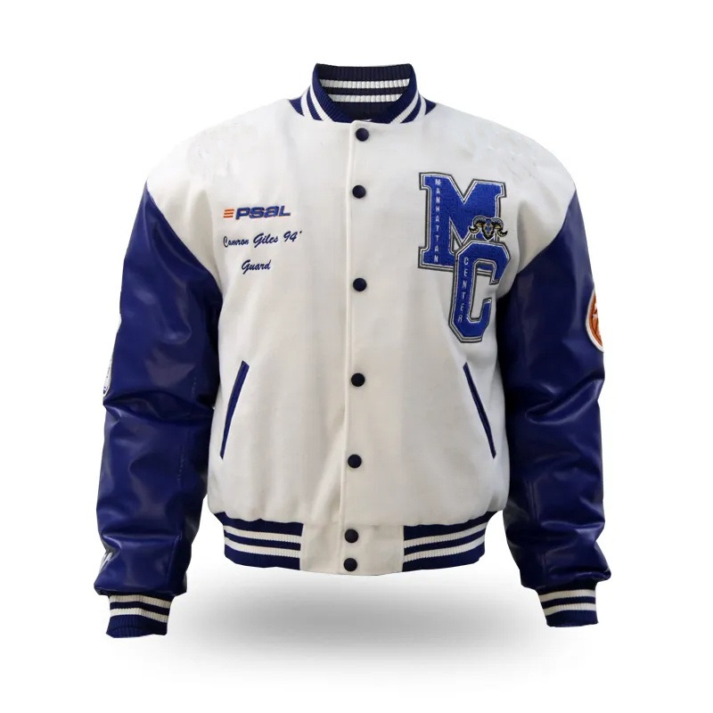 High Quality Blue Leather Sleeve Cotton Fabric Baseball Jacket Young Sports Baseball Jacket Winter Fleece Custom Embroidered Jacket – Winter Jacket and Custom Leather Jacket price