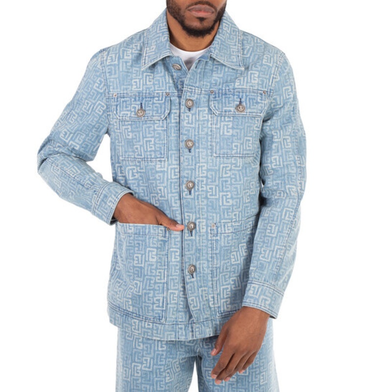 Mens Light Blue Denim Jacket with All-Over Monogram Print – Oversized Casual Streetwear Outerwear – Monogram Denim Jacket and Light Blue Denim Coat price