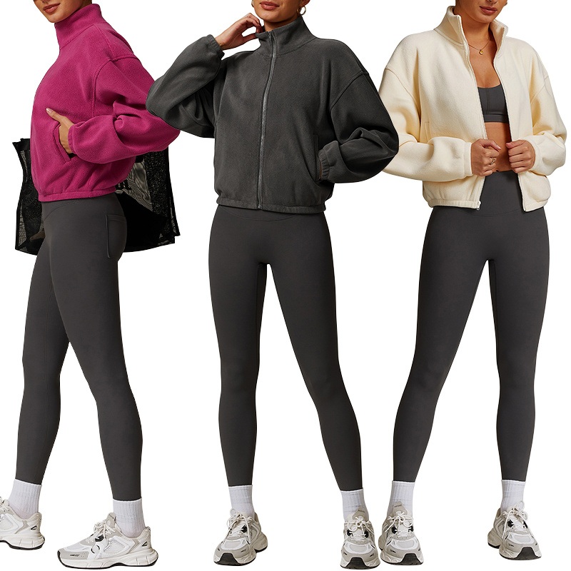 Winter Stand Collar Windproof Warm Lambs Wool Coat Fitness Zipper Jacket Street Wear – Stand Collar Crop Top and Lambs Wool Coat price