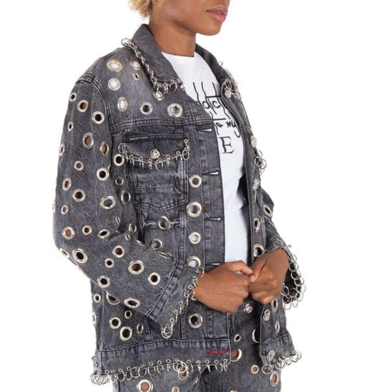 Womens Grey Washed Denim Jacket with Grommets and Chains – Punk Streetwear Fashion Outerwear – Mens Denim Jacket and Grommet Denim Jacket price