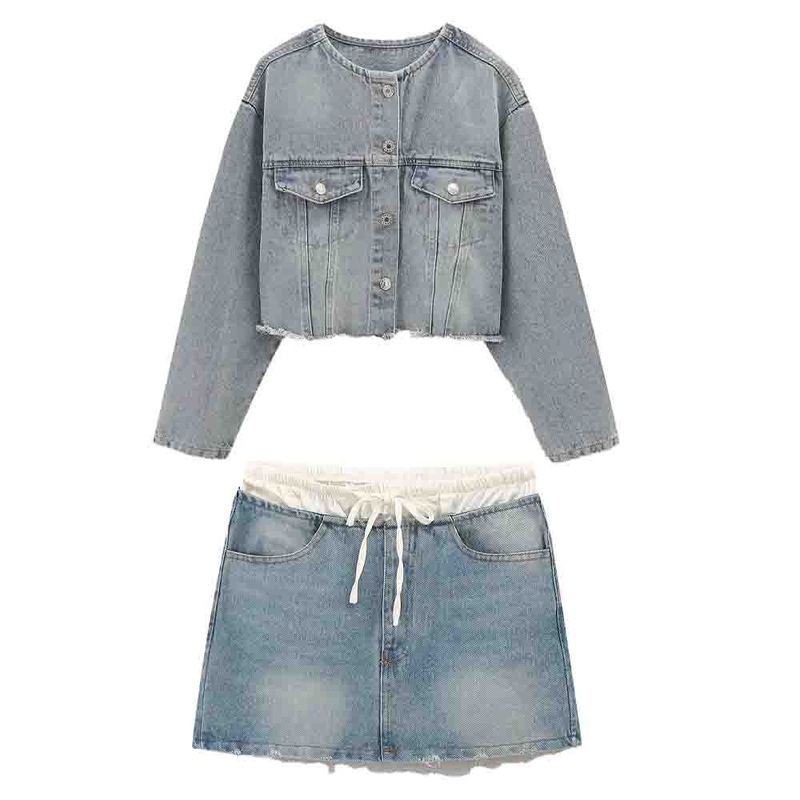 Za Womens Clothing Casual Short Long Sleeved Denim Womens Jacket+Skirts Suit – Casual Short Denim Jacket and Long Sleeved Denim Jacket price