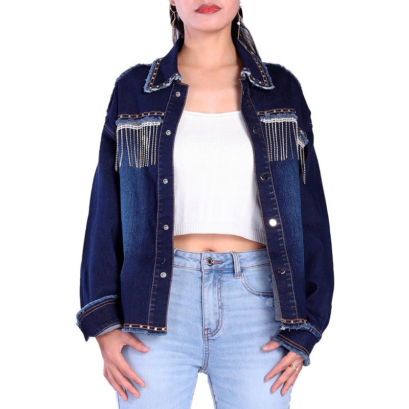 Custom Dark Blue Oversized Tassel Rhinestone Fringe Collar Down Women Denim Jackets – Denim Jean Jacket and Jean Jacket price