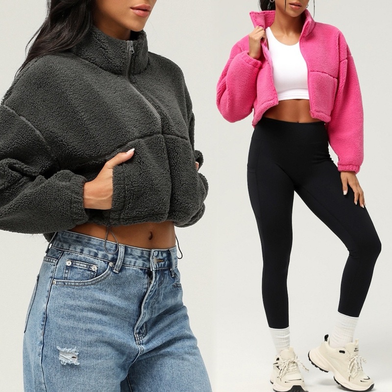 Womens Full Zipper Warm Winter Outdoor Sherpa Fleece Short Jacket Leisure Long Sleeve Stand Collar Cropped Coat with Drawstring Hem – Womens Fleece Jacket and Loose Fit Fleece Cropped Jacket price
