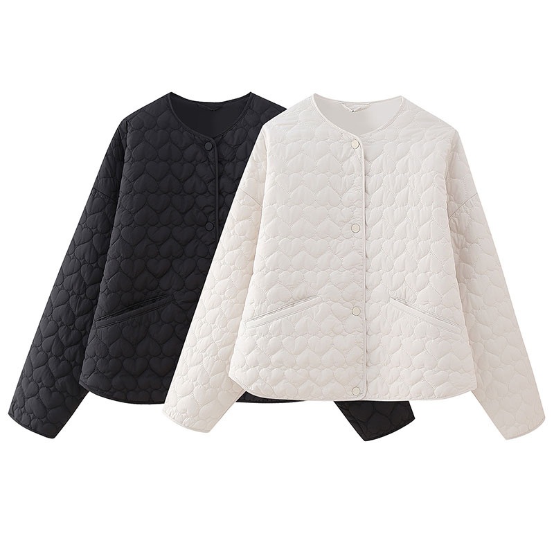 Womens Wholesale Quilted Round Neck Welt Pockets Snap Button Winter Jacket – Quilted Coat and Heart Quilt Coat price