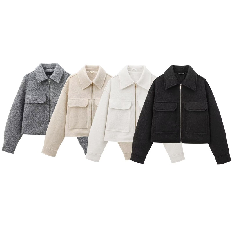 Za Womens Clothing Flip Pocket Casual Short Woolen Womens Jacket Long Sleeved – Casual Short Womens Jacket and Pocket Woolen Womens Jacket price