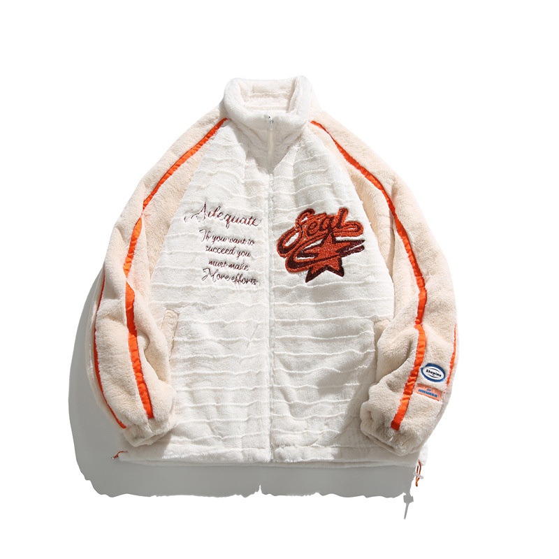 Winter American Fashion Brand Lamb Wool Cotton-Padded Coat Loose and Thick Coat Lovers Sports Everything with Casual Cotton-Padded Clothing Tide – Inside Sublimation Lining Letterman Denim Jacket and Brand Embroidery Logo Jacket price