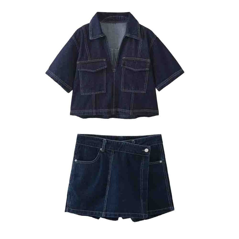Za Womens Clothing Flip Pocket Casual Short Sleeved Denim Top+Skirts Suit – Casual Short Denim Top and Short Sleeved Denim Top price