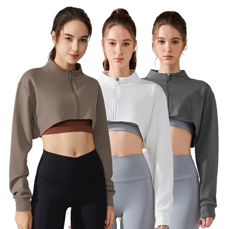 Short Navel-Exposed Yoga Coat Womens Long Sleeve Stand Collar Running Fitness Pilates Training Sports Top Jacket – Stand Collar Crop Top and Yoga Coat price