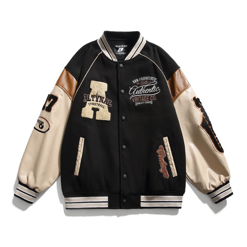 Campus Style Towel Embroidery Colorblocking Baseball Unisex Couple Jacket – Outdoor Tactical Jacket and Flared Sweatpants price
