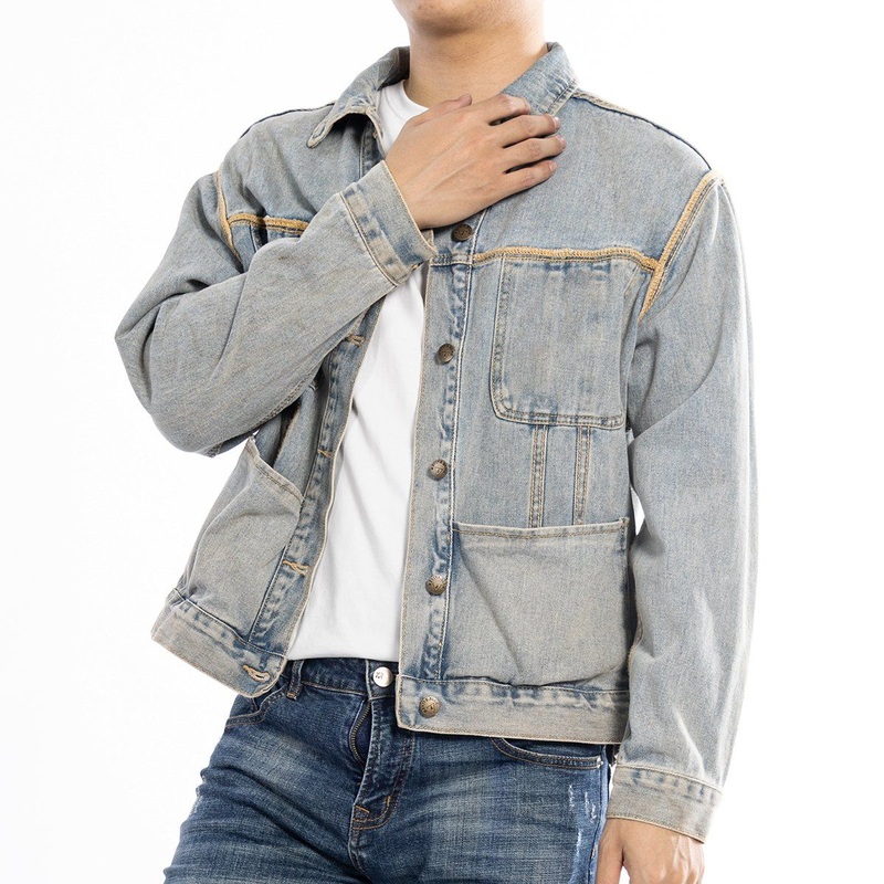 Custom Distressed Light Blue Contrast Stitching Cargo Pocket Long Sleeve Jean Jacket for Men – Denim Jacket and Jackets for Men price