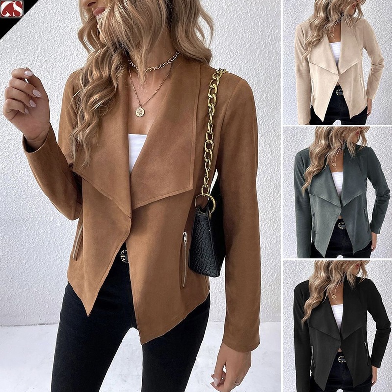 Hot Selling New Style Womens Lapel Short Suede Jacket with Side Pockets – Womens Clothing and Women Outer Wear price