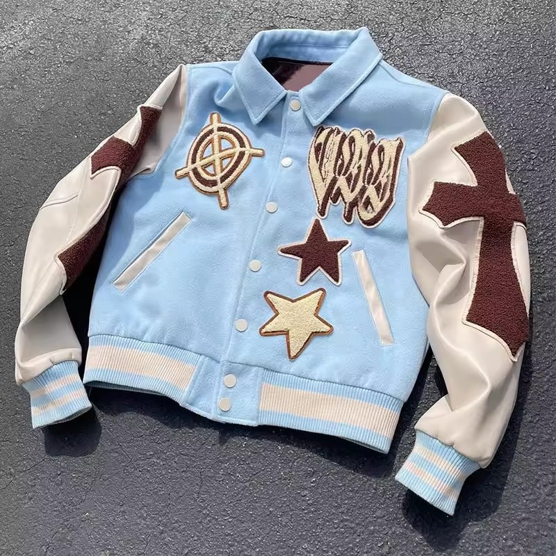 New Design Custom Embroidered Patch Color Block Varsity Jacket Wholesale High Quality Leather Varsity Baseball Jacket – Jacket Men and Mens Jacket price