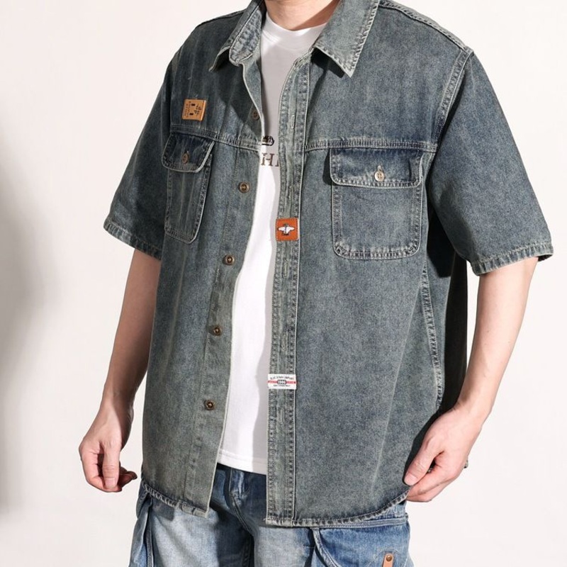 Summer American Vintage Cargo Denim Short Shirt Mens Print New Loose Casual Mens Denim Jacket – Outdoor Tactical Jacket and Flared Sweatpants price