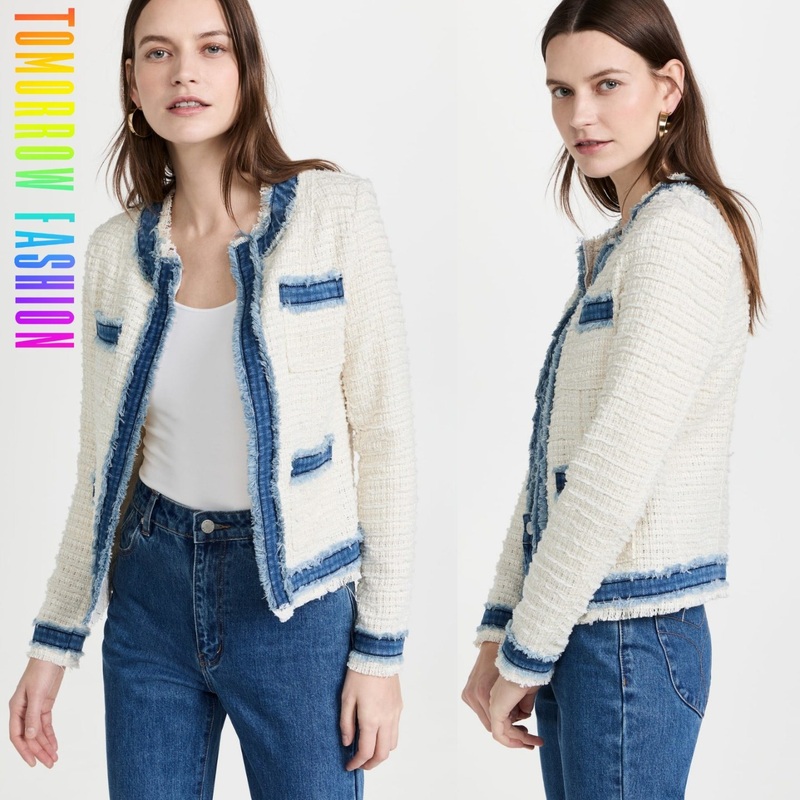 Wholesale Metallic Fringe Denim Trim Coat Private Label OEM Supplier Lady Clothing Manufacturer Custom Casual Women Denim Tweed Jacket with Padded Shoulder – Women Tweed Jacket and Casual Oversize Tweed Jacket price
