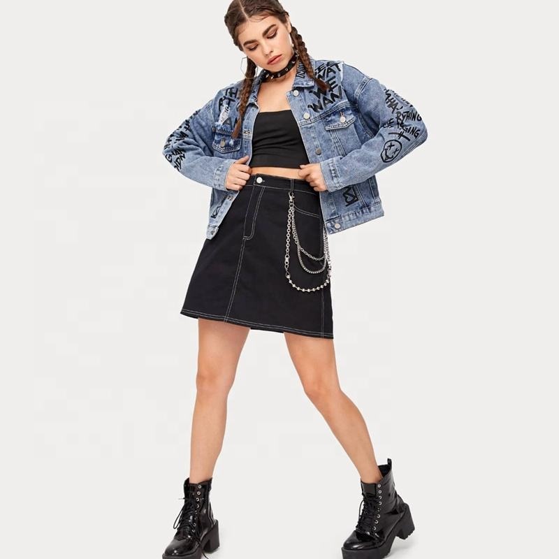 Wholesale OEM Womens Short Denim Jacket with Black Graffiti Slogan Print – Customized Jacket and Womens Jacket price