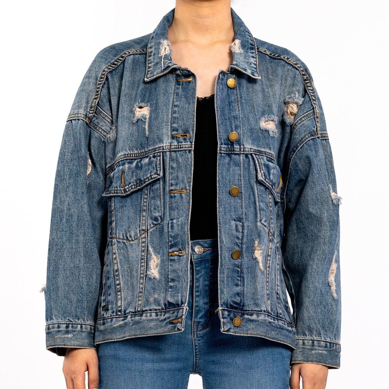 Custom Vintage Hole Breaking with Pockets Casual Long Sleeve Denim Jacket for Women – Womens Denim Jacket and Long Jackets price