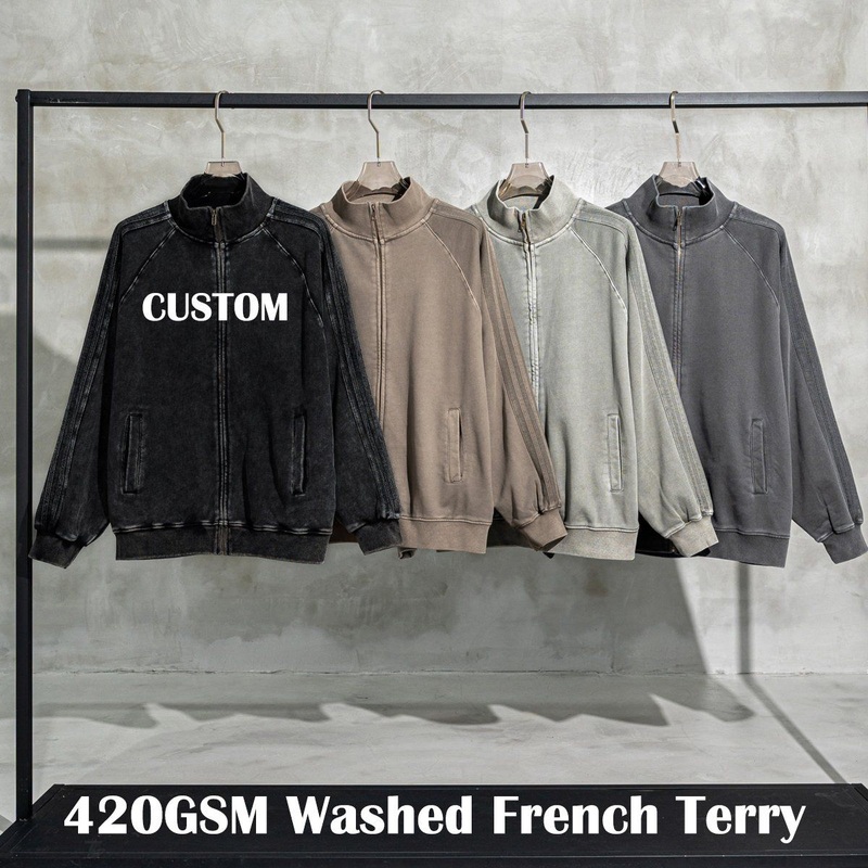 OEM Customized Unisex 420g Heavyweight 100%Cotton Blank French Terry Raglan Sleeve Washed Vintage Fashion Mens Zip up Jacket – Jacket for Men and Outdoor Jackets price