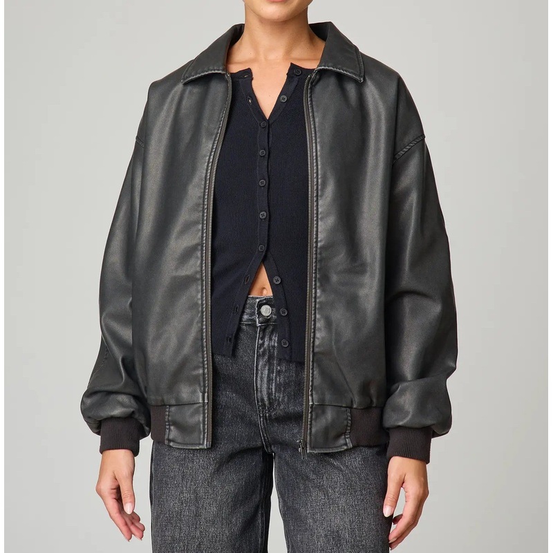 Street-Style Oversized Black PU Faux Leather Zip-up Bomber Jacket – Outdoor and Jacket price