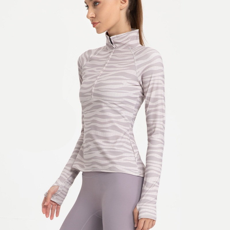 Wholesale Thumb Hole Cuffs Design Zabra Pattern Gym Women Tops High Quality Women S Half Zip Collar Sweatshirt Long Sleeve – Yoga Tops and Hoodies price