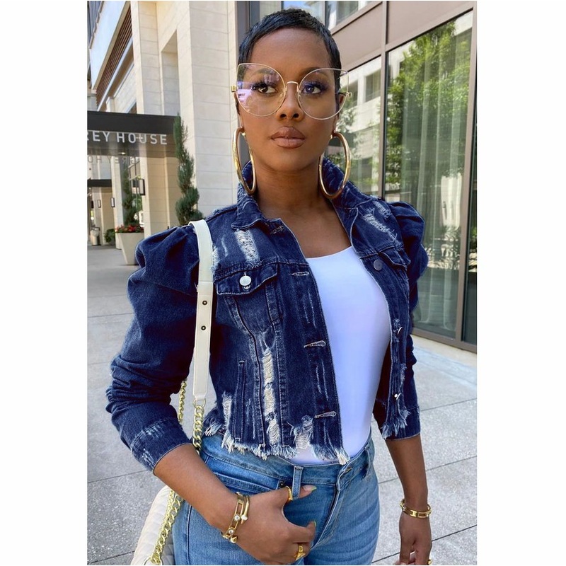 Women Plus Size Denim Puff Sleeve Long-Sleeved Short Jacket – Womens Plus Size Short Coat and Puff Sleeve Denim Jacket price