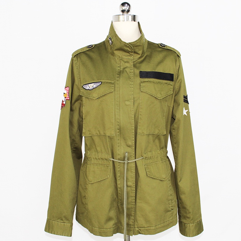 Womens Novelty Customer Design with Patch Embroidery Olive Color Jacket – Jacket and Waist Draw String Jacket price
