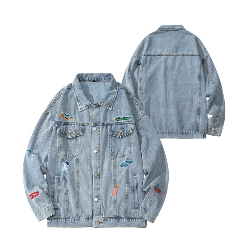 Custom Autumn Mens Embroidered Denim Jacket with Turn-Down Collar – Autumn Denim Jacket Men and Custom Embroidery Denim Jacket price