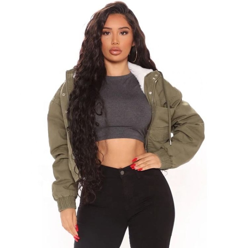 Custom High Quality New Popular Design Ladies Zipped Cargo Pockets Jacket Cotton Casual Loose Hooded Crop Women Jackets – Winter Jackets and Coats price
