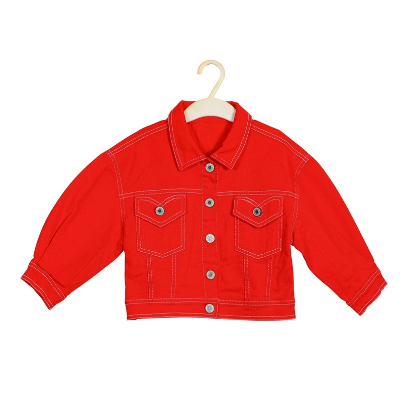 Fashion Flap Slant Pocket Loose 100% Cotton Red Denim Jacket for Girls – Jacket and Denim Jacket price
