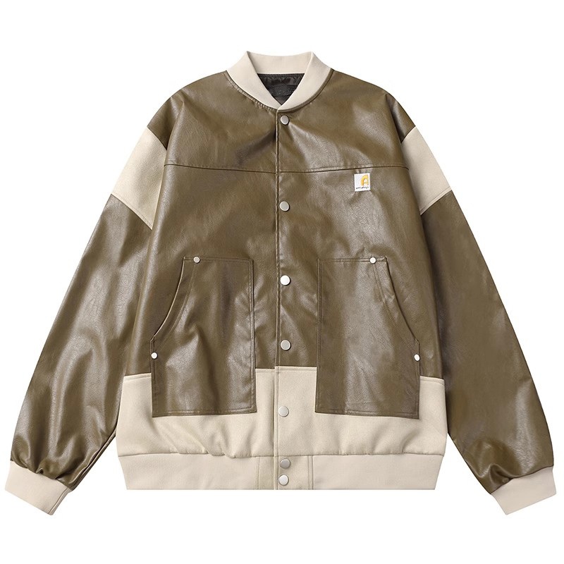 Mens Loose Contrast Color Patch PU Leather Jacket / Snap Button PU Jacket Baseball Collar Coat for Men – Casual Jacket and PU Jacket for Men price