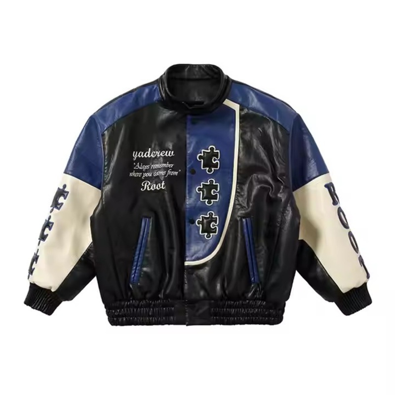 Motorcycle Outdoor Jackets Patch Embroidery Mens Color Block Jackets Custom Logo Leather Vintage Oversized Jackets for Men – Leather Jacket and Outdoor Jacket price