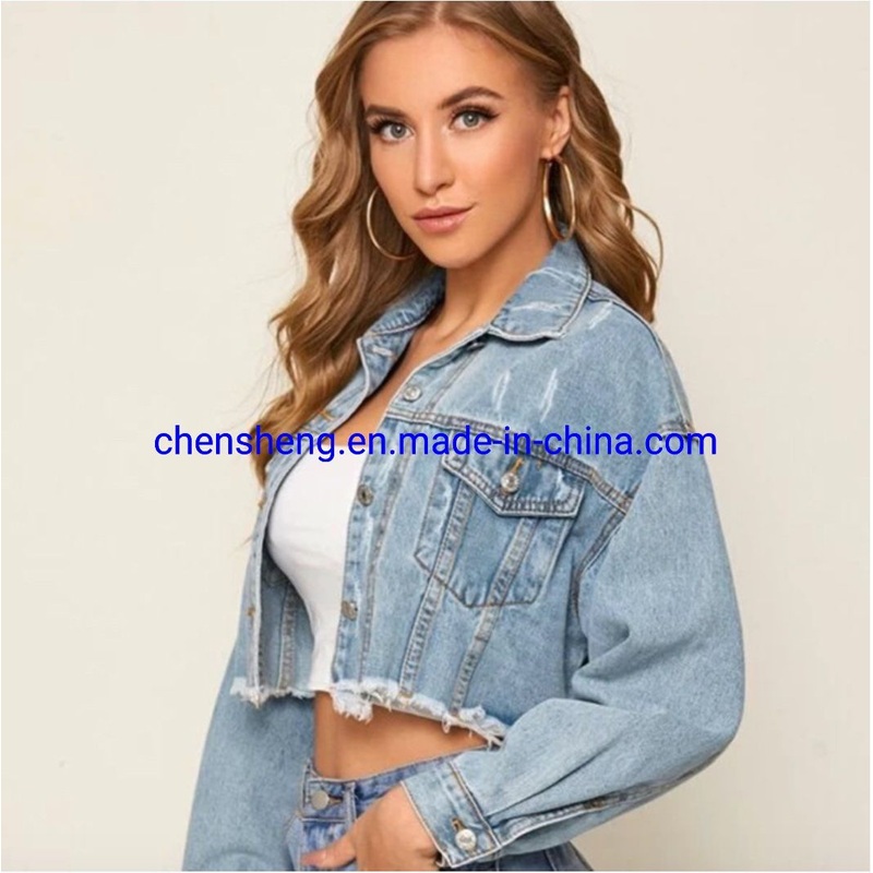Wholesale Womens Lady Fashion Classic Frayed Cropped Washed Denim Jean Jacket Coat with Pocket – Fashion and Lightweight price