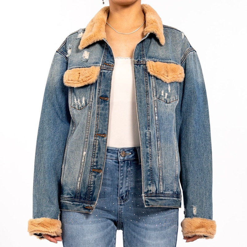 Fashion Winter Hair Collar Doing Distressed Hole Long Sleeve Denim Jacket for Women – Winter Jackets and Women Jean Jacket price