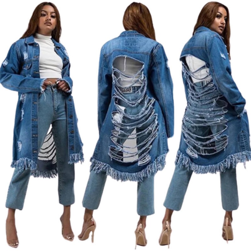 New Style Ladies Ripped Long Denim Jacket – Ladies Popular Denim Jacket and Long Denim Jacket price