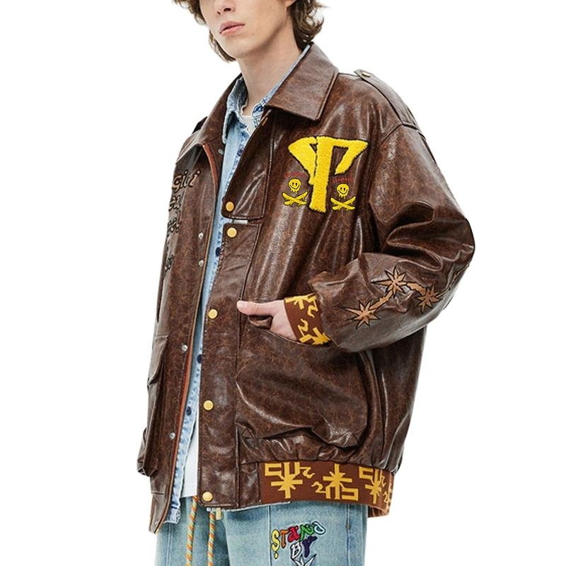 Winter Men Retro Cool Embroidered Leather Casual Rib Chenille Embroidered Jacket – Jacket and Men Jacket price