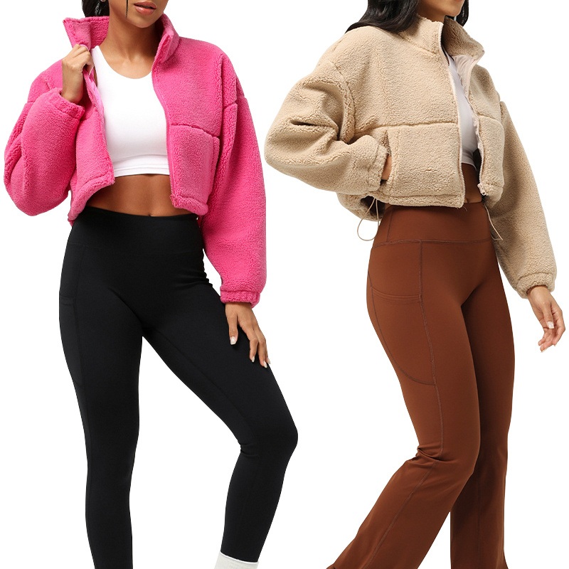 Winter Warm Lambs Wool Casual Coat Stand Collar Drawstring Crop Top Workout Zipper Short Jacket – Stand Collar Crop Top and Lambs Wool Coat price