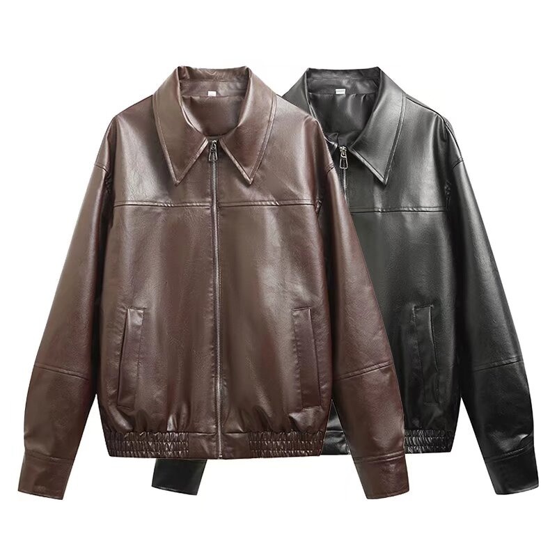 Za Womens Clothing Side Pocket Casual Faux Leather Womens Jacket Long Sleeved – Faux Leather Womens Jacket and Casual Flying Womens Jacket price