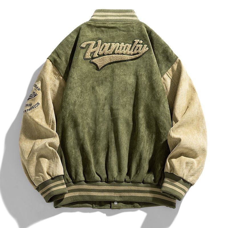 New Spring and Autumn Coat Mens Casual Suede Baseball Jacket American Street Style Embroidered Baseball Collar Jacket – Inside Sublimation Lining Letterman Denim Jacket and Brand Embroidery Logo Jacket price